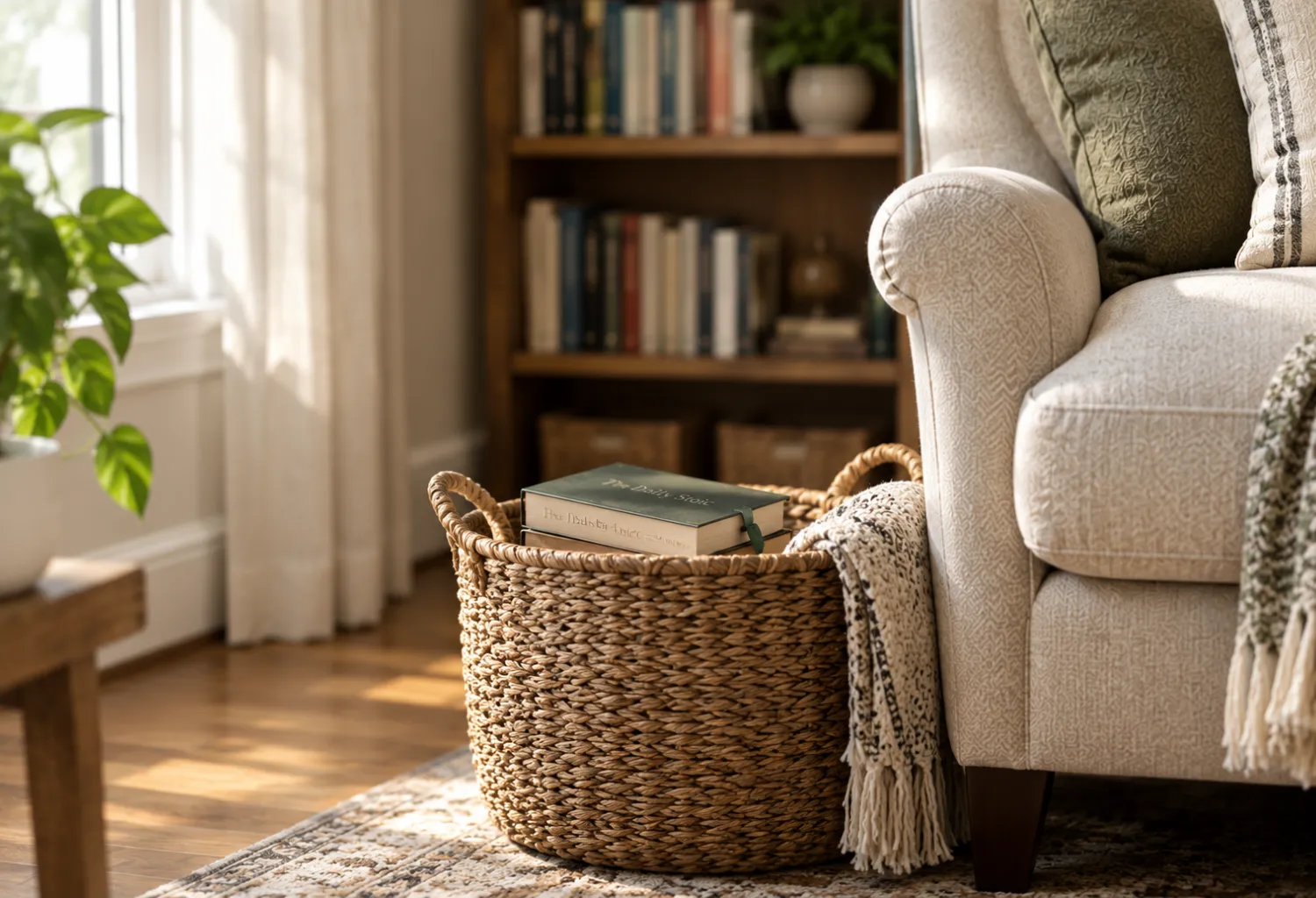 A Reading Nook Basket for Books in Progress