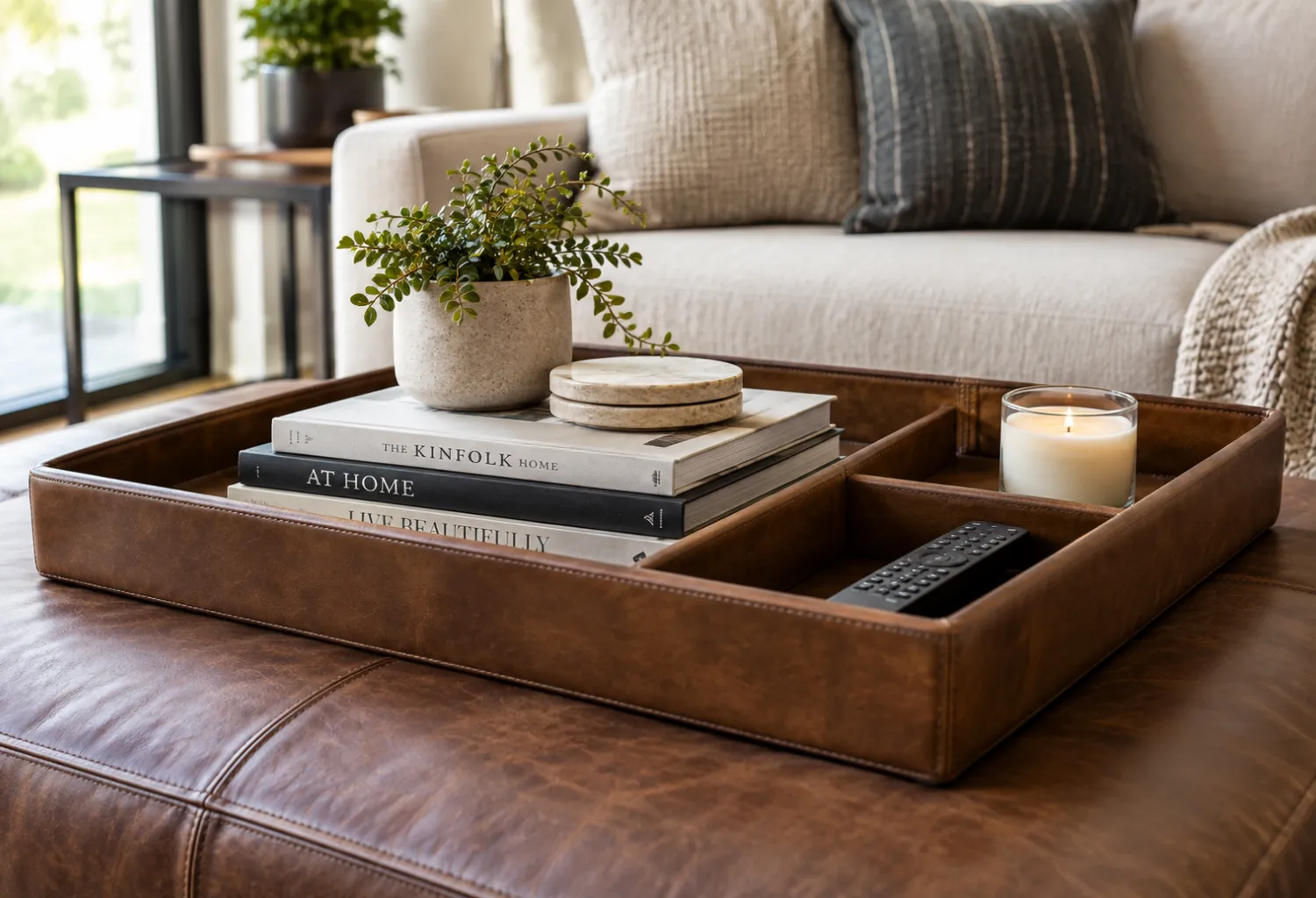 A Rotating Ottoman Tray for Remotes and Books