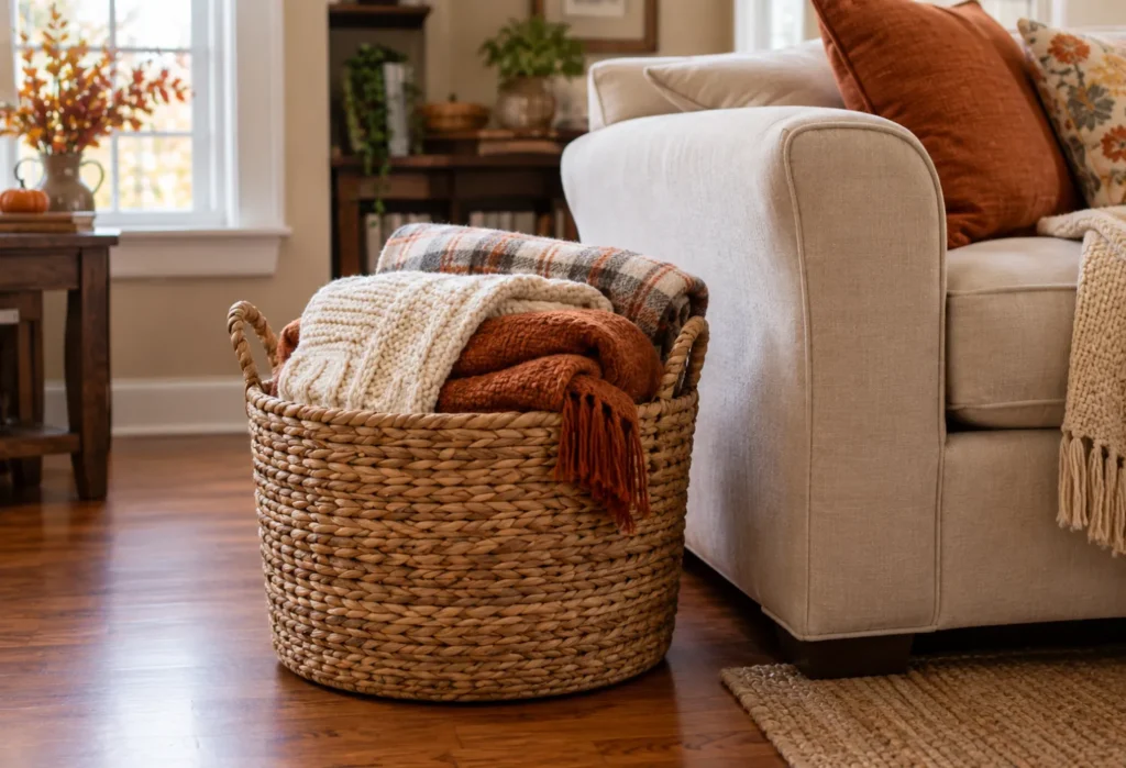A Textured Basket Beside The Sofa