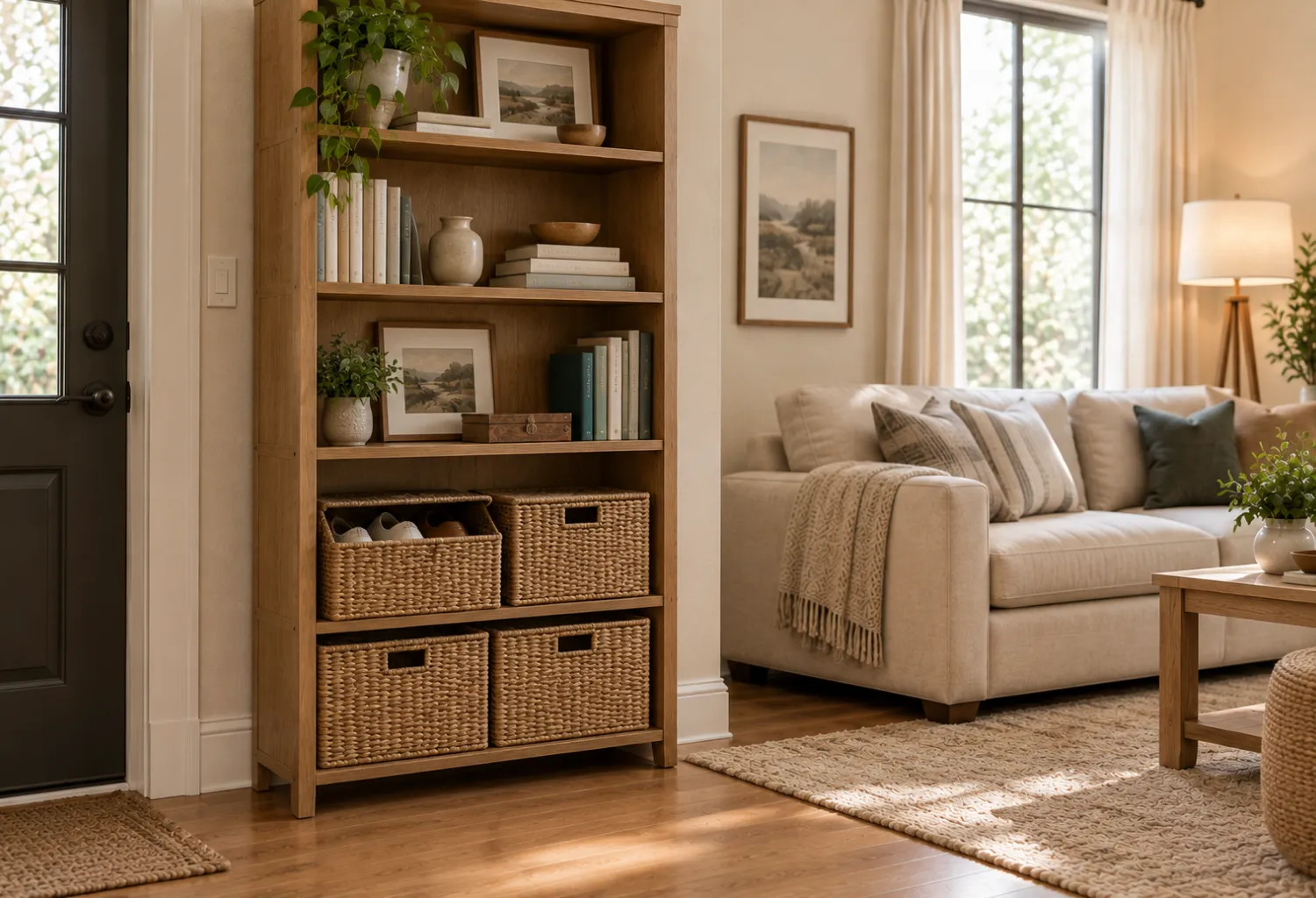 Basket Storage Inside a Bookcase