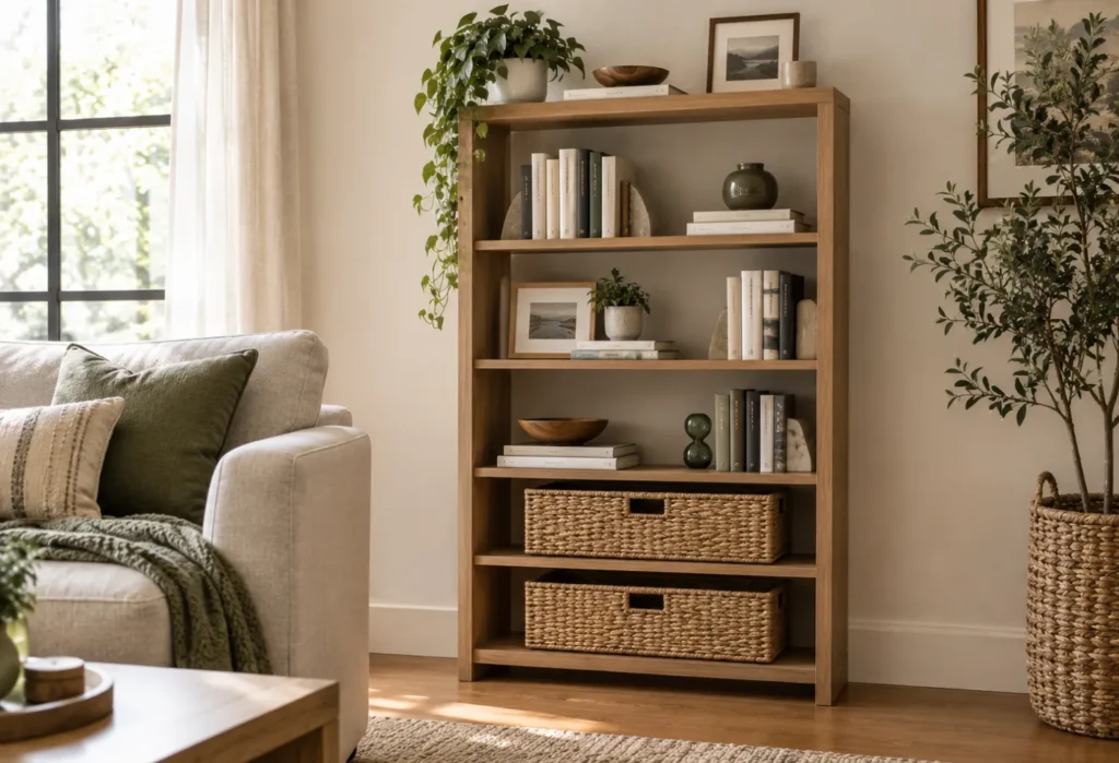 Baskets Inside an Open Bookcase