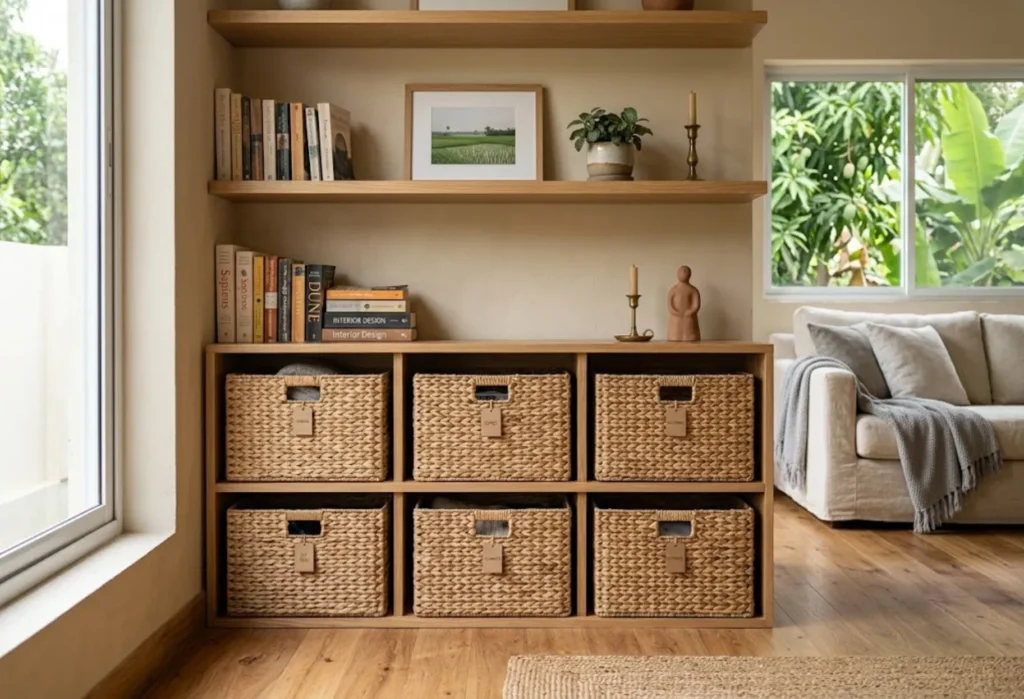 Baskets Under Open Shelves