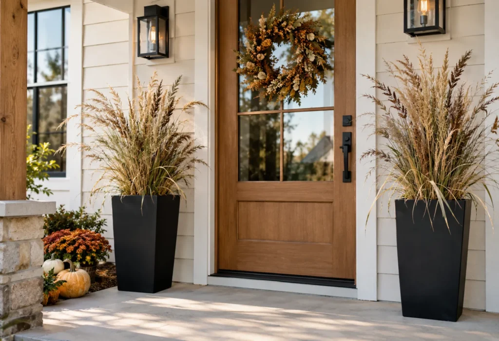 Black Planters With Fall Grasses