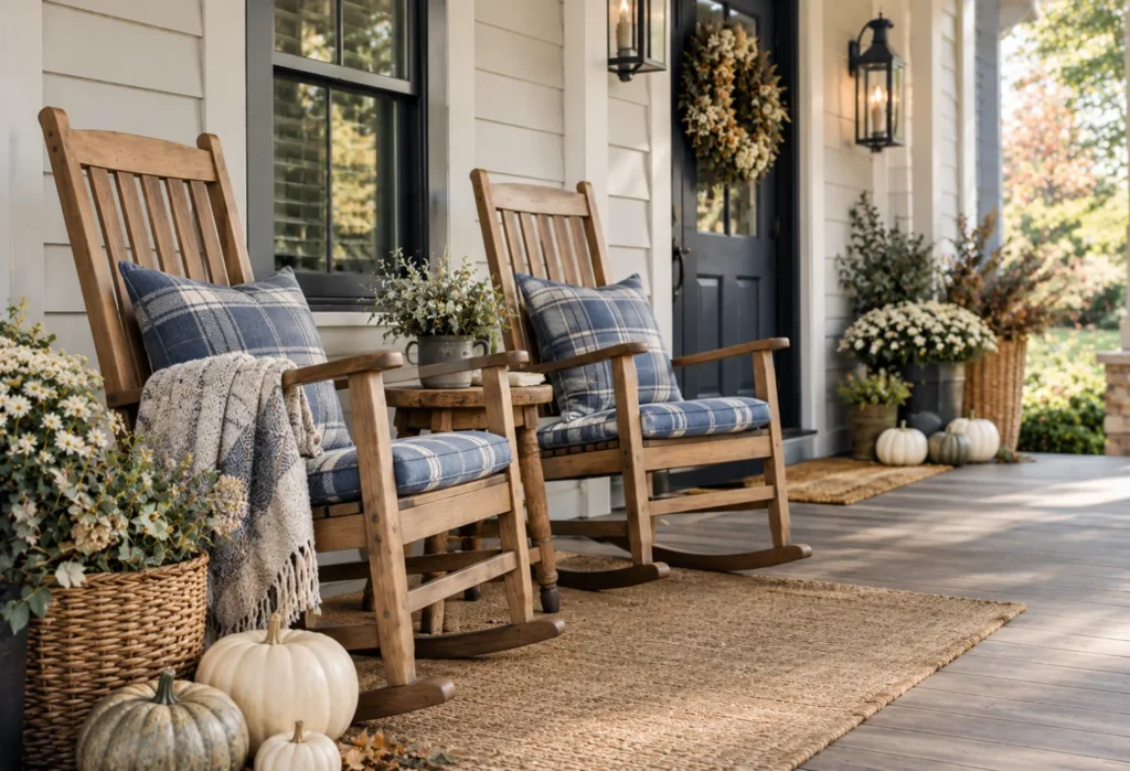 Blue Plaid Cushions With Fall Greenery