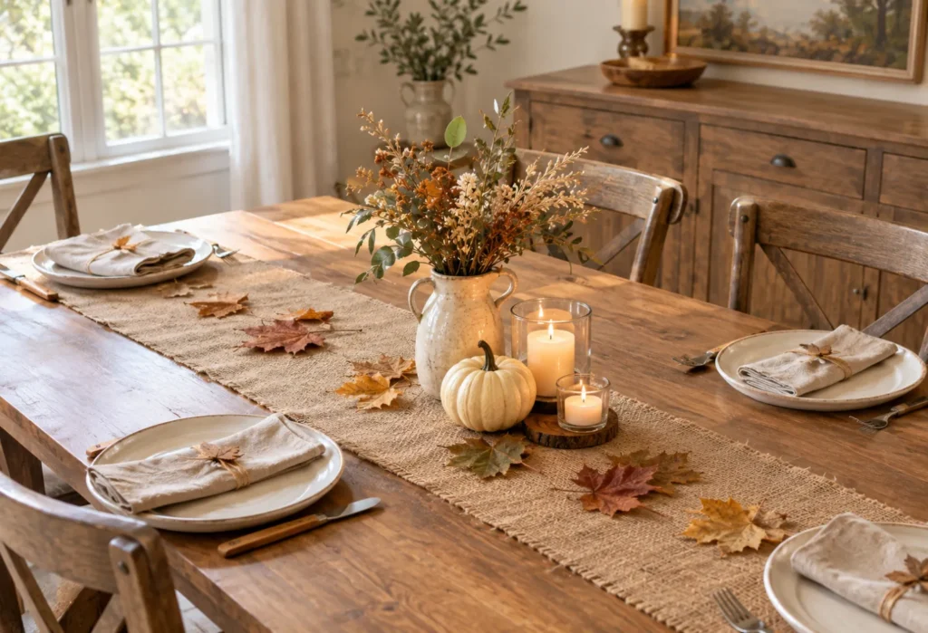 Burlap Runner and Leaf Scatter