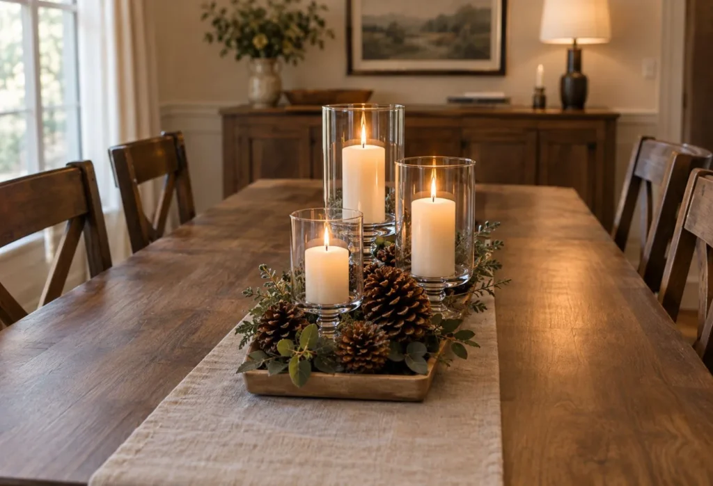 Candle and Pinecone Centerpiece