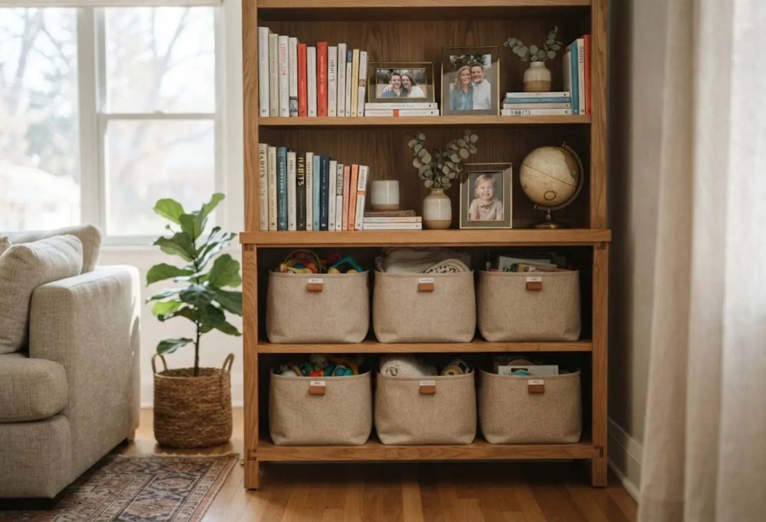 Canvas Bins on a Bookcase