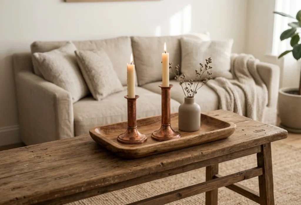Copper And Wood Candle Tray