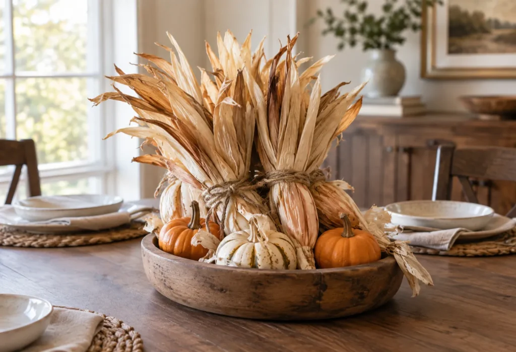 Corn Husk and Pumpkin Display