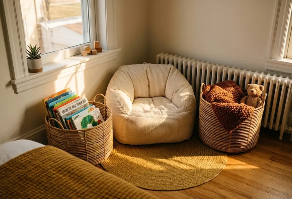 Corner Reading Nook with Baskets