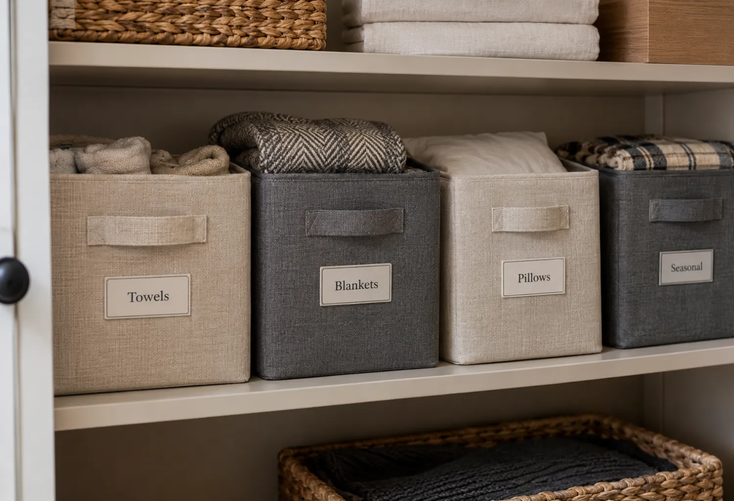 Fabric Bins with Labels for Miscellaneous Items