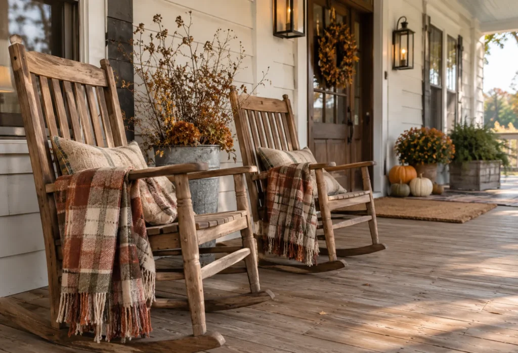 Farmhouse Rocking Chairs With Plaid Throws