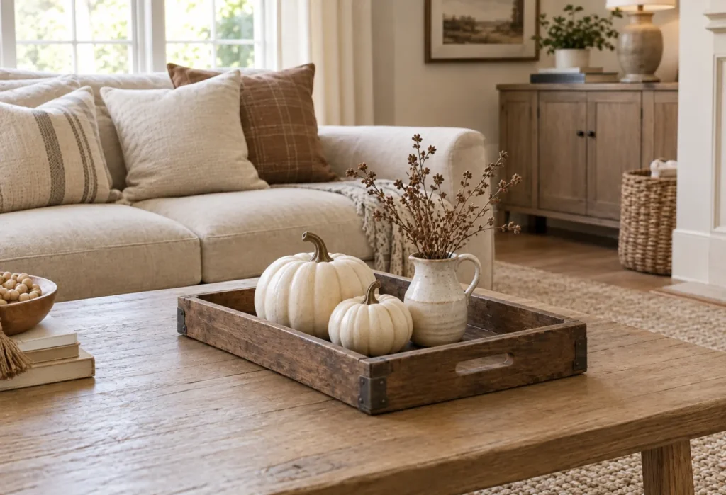 Farmhouse Tray With White Pumpkins