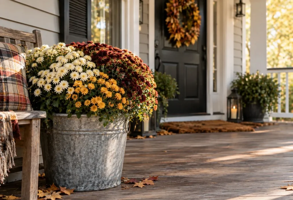 Galvanized Bucket Mum Display