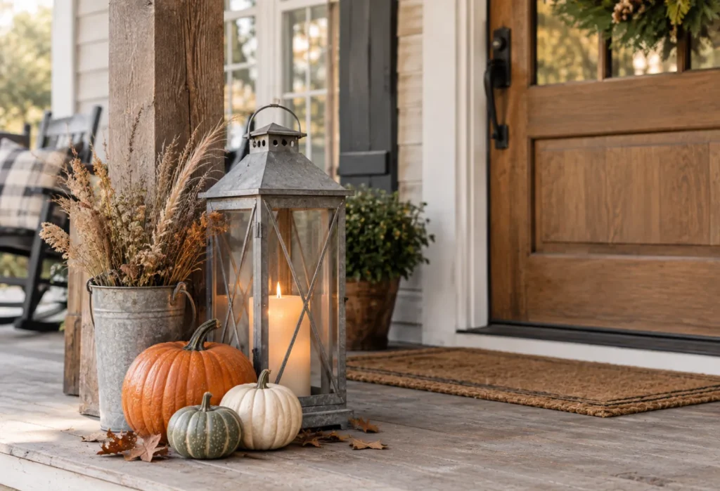 Galvanized Lantern With Pumpkins