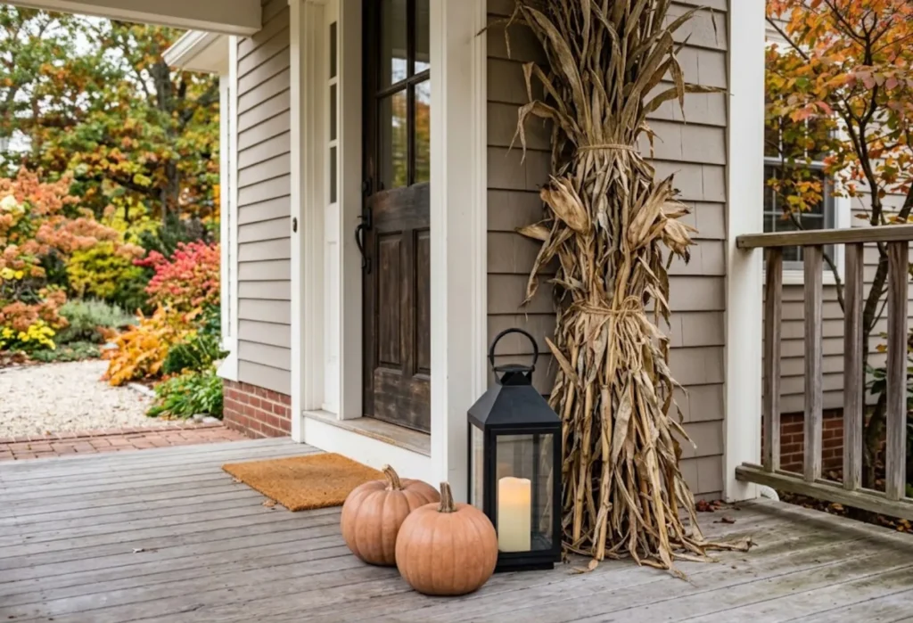 Lanterns With Fall Cornstalks