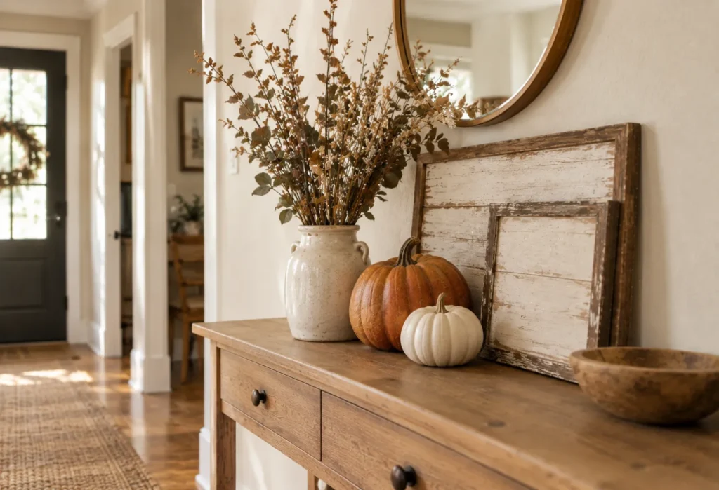 Layered Wooden Signs and Pumpkins