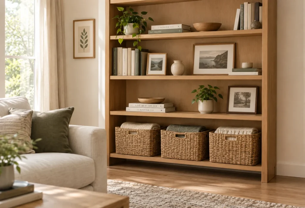 Matching Baskets Inside a Bookcase