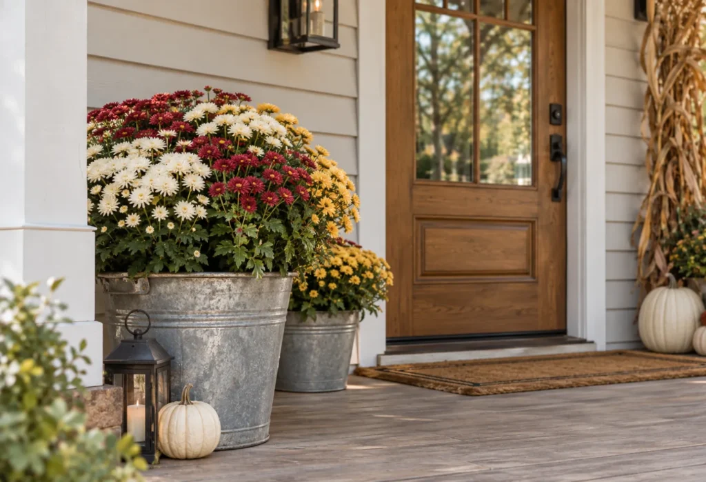 Mums in Galvanized Buckets