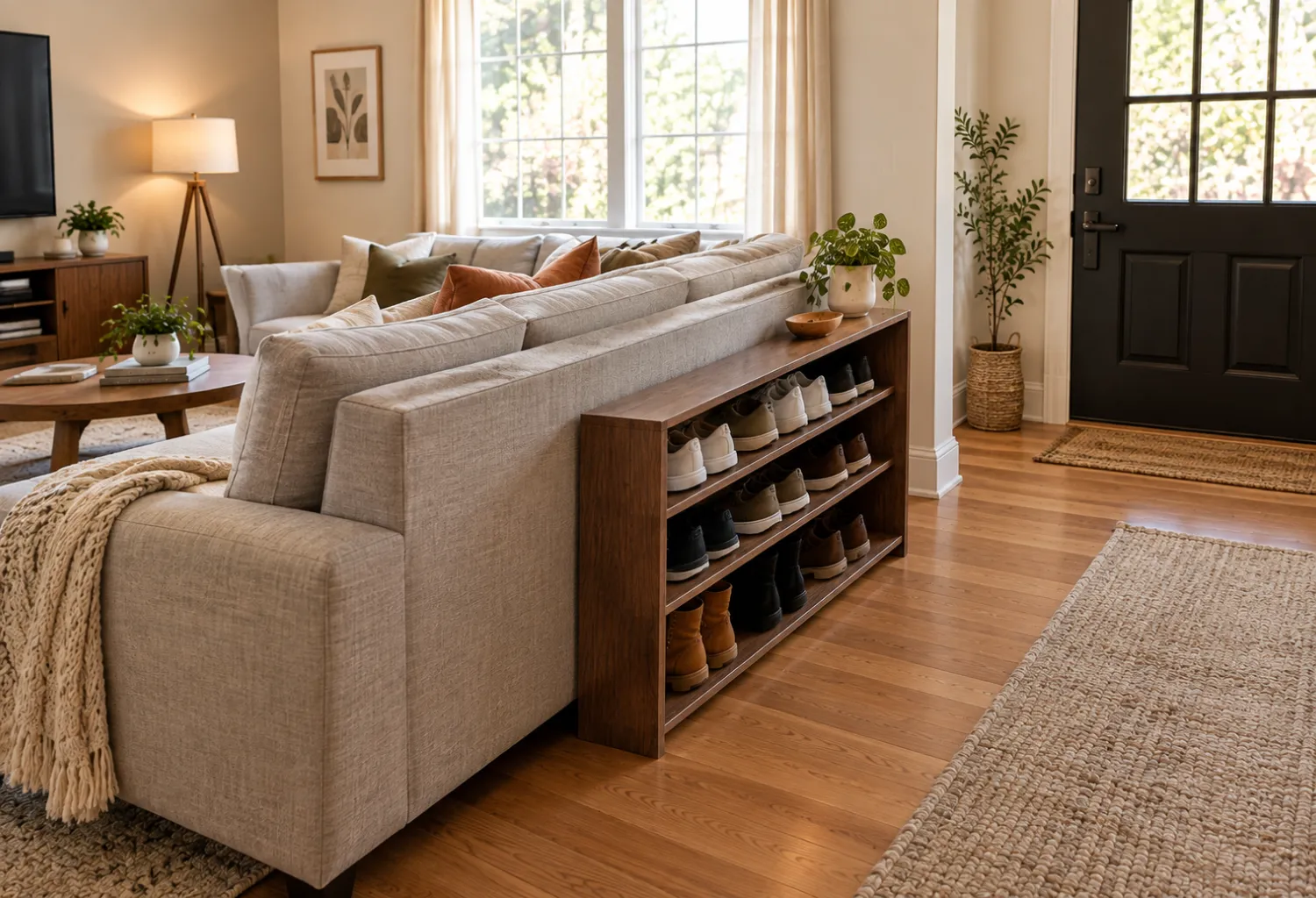 Narrow Shoe Rack Behind the Sofa