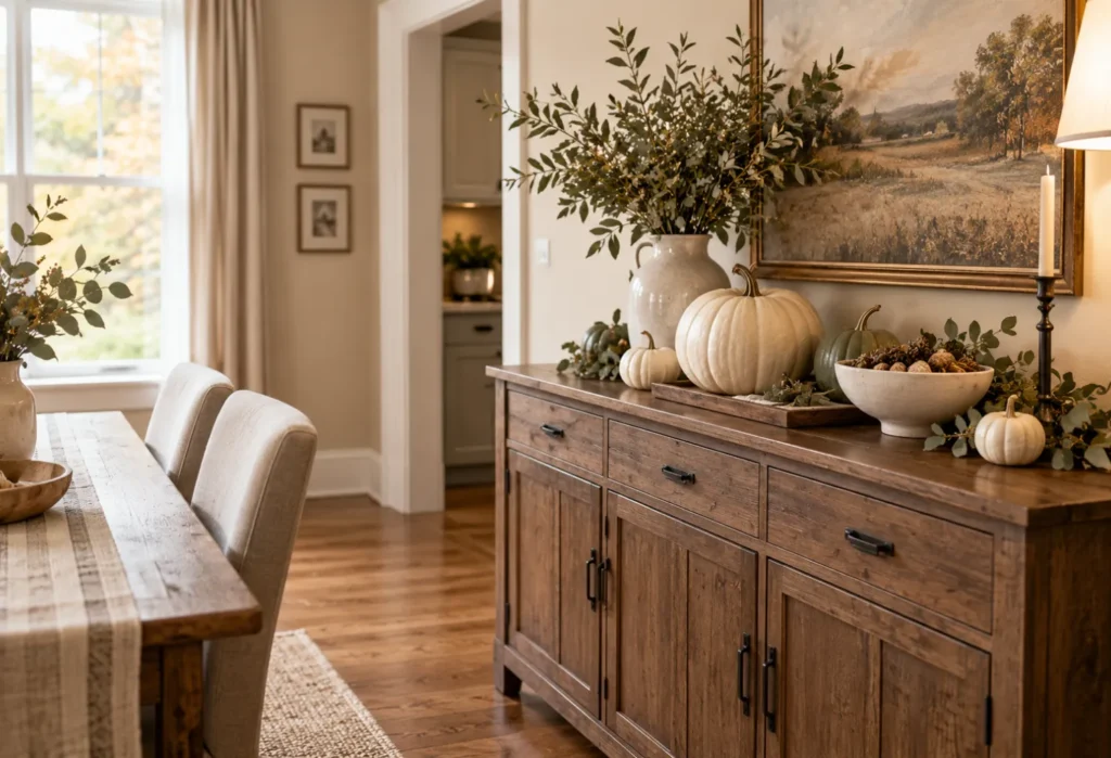 Neutral Pumpkin and Greenery Display