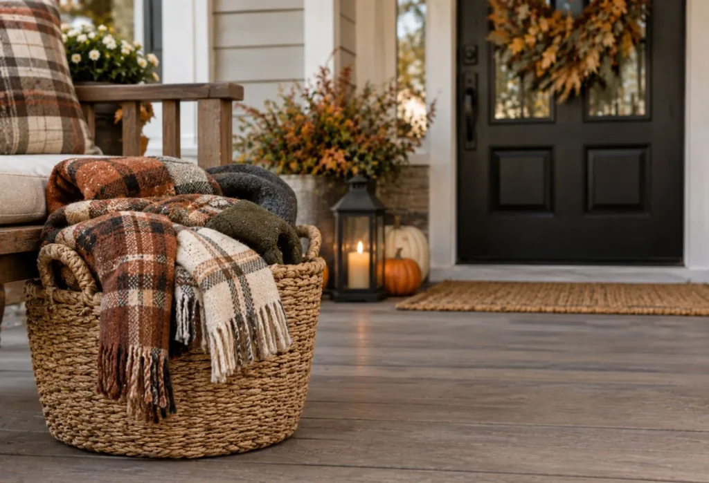 Plaid Porch Blanket Basket