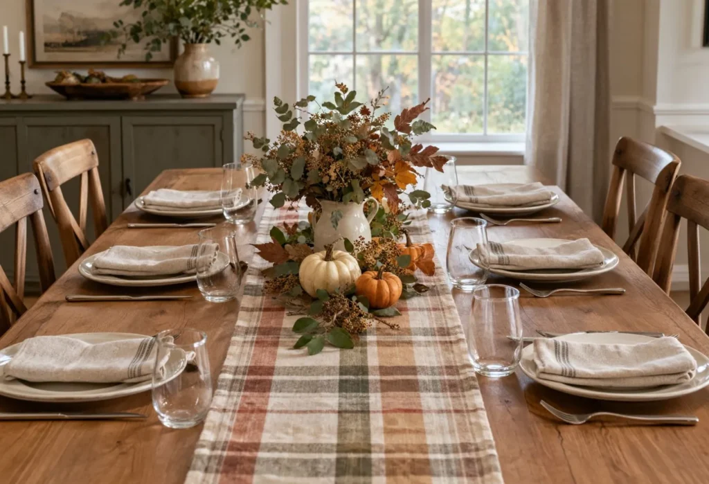 Plaid Runner with Neutral Dishes