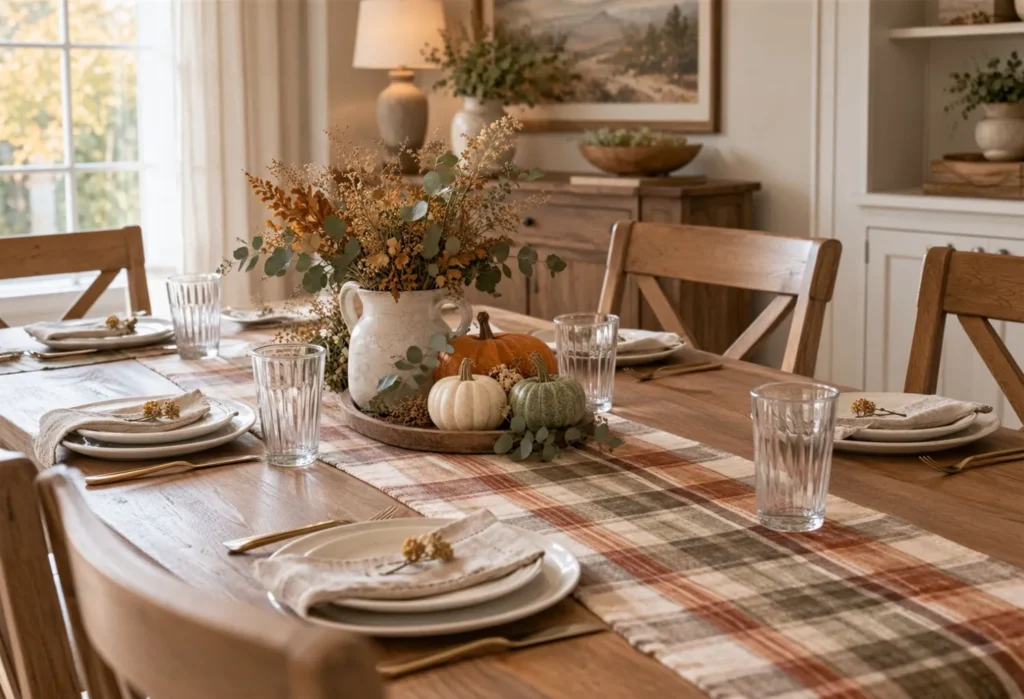 Plaid Runner with Simple Dishes