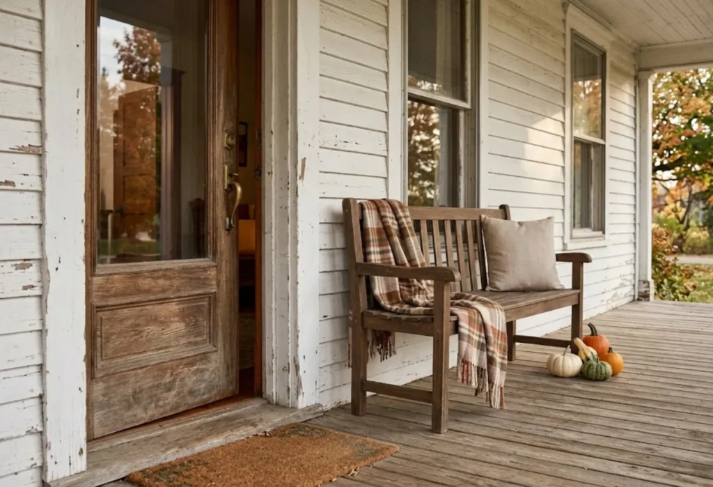 Plaid Throw and Farmhouse Bench