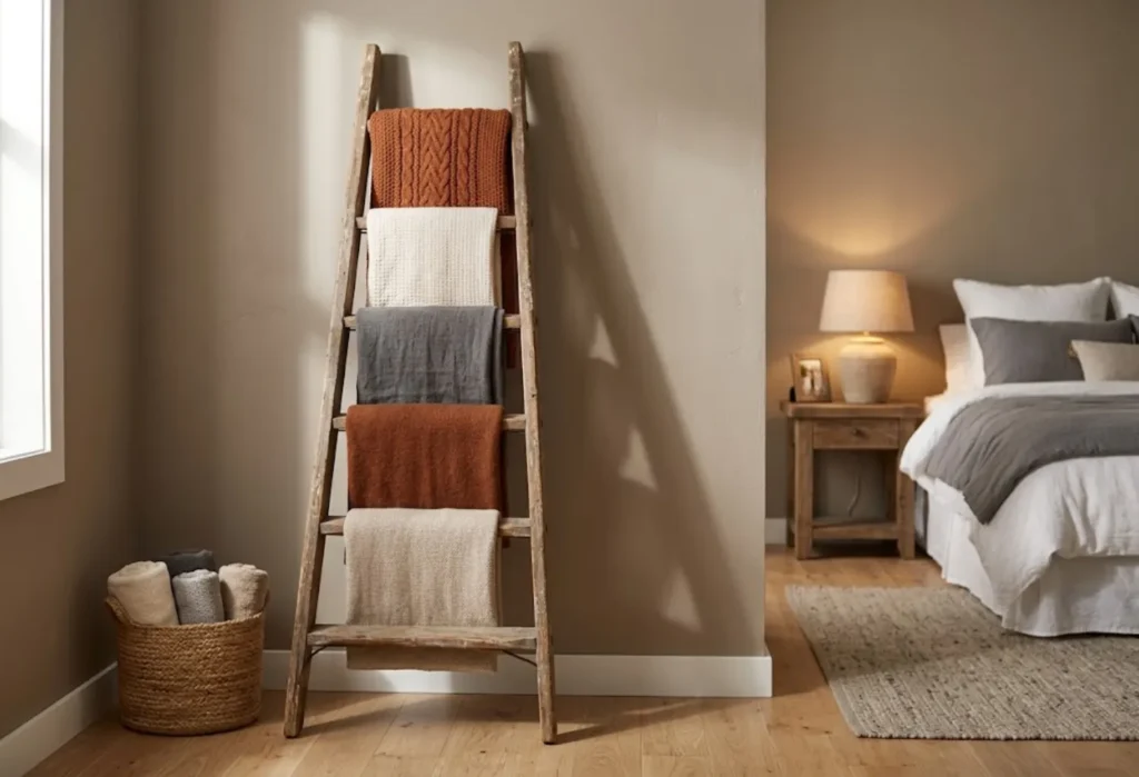 Repurposed Ladder Blanket Rack