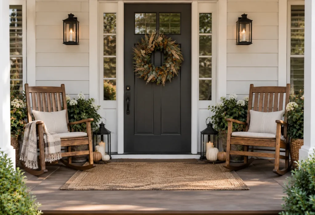 Rocking Chairs Beside a Fall Wreath