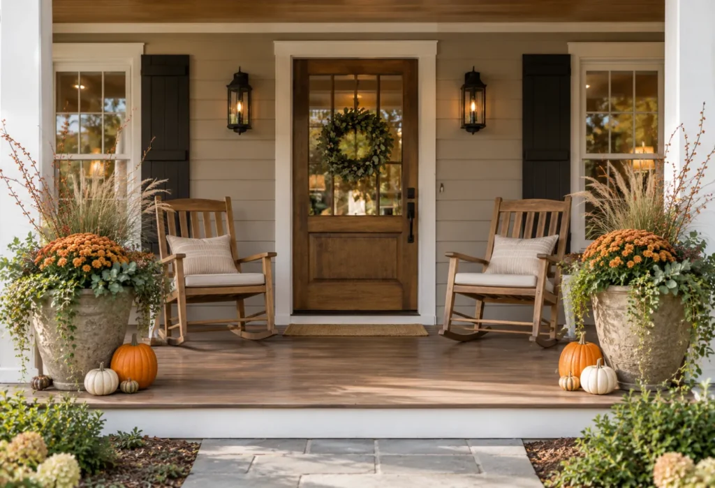 Rocking Chairs Framed With Fall Planters