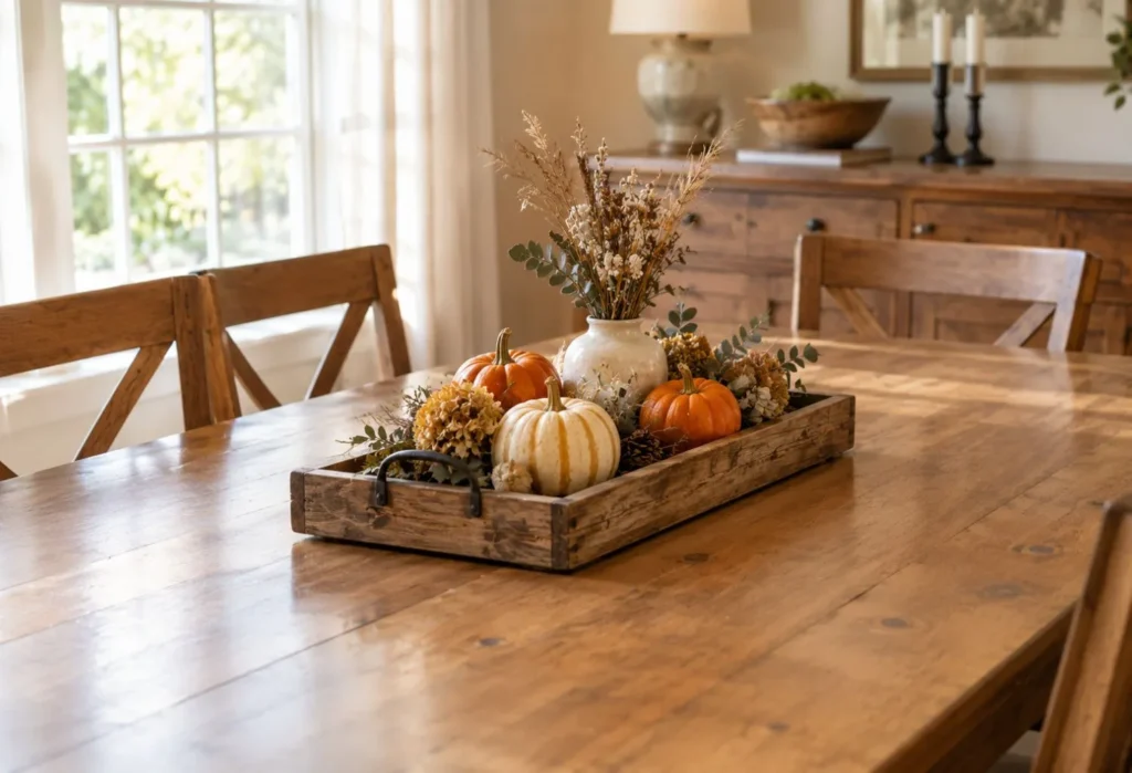 Rustic Wood Tray with Mini Pumpkins