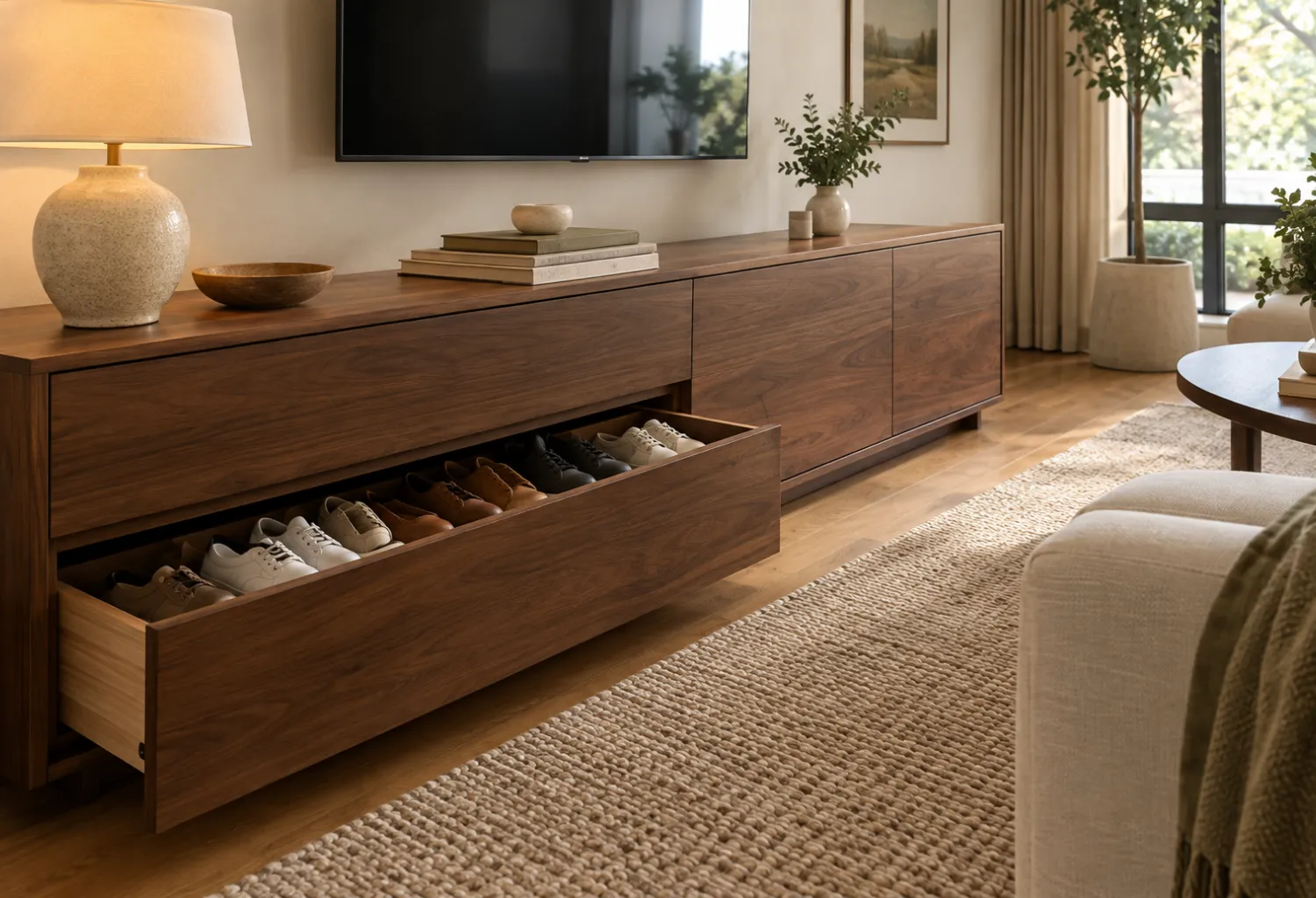 Shoe Drawers Inside a Media Console