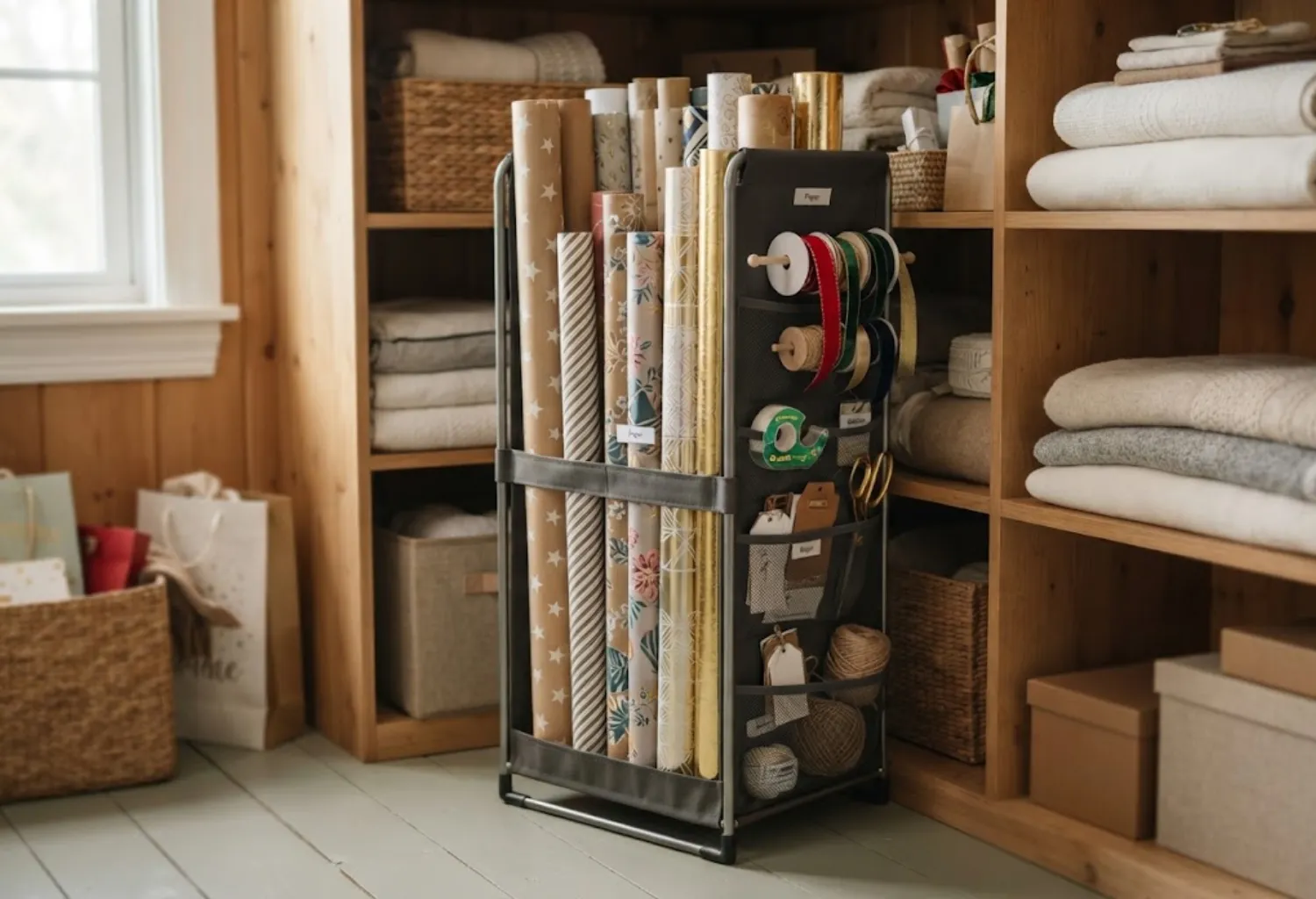 Slim Storage for Wrapping Paper and Ribbon