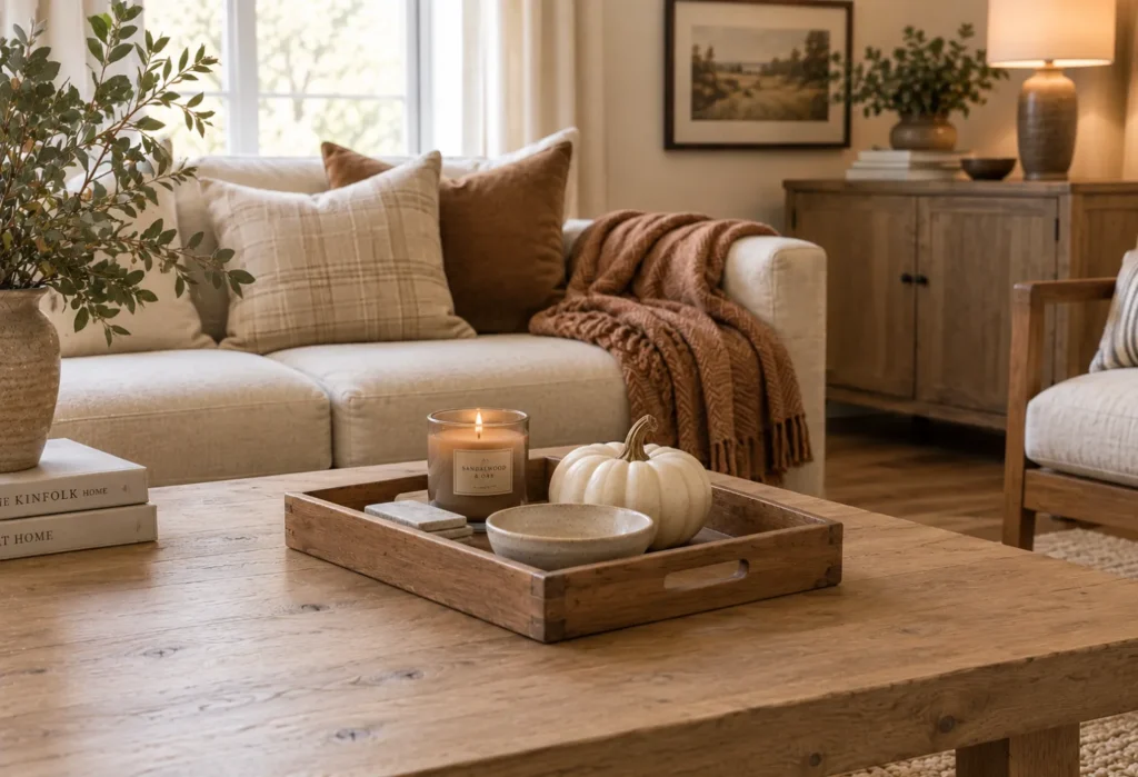 Tray With a Seasonal Candle and Blanket