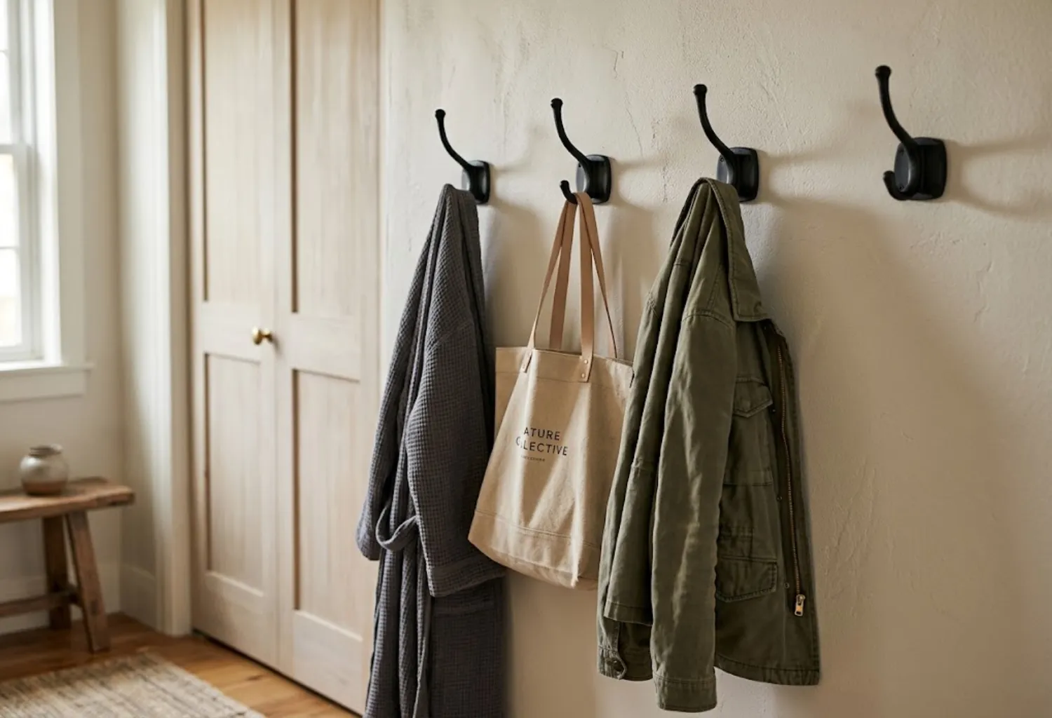 Wall-Mounted Hooks for Robes and Bags
