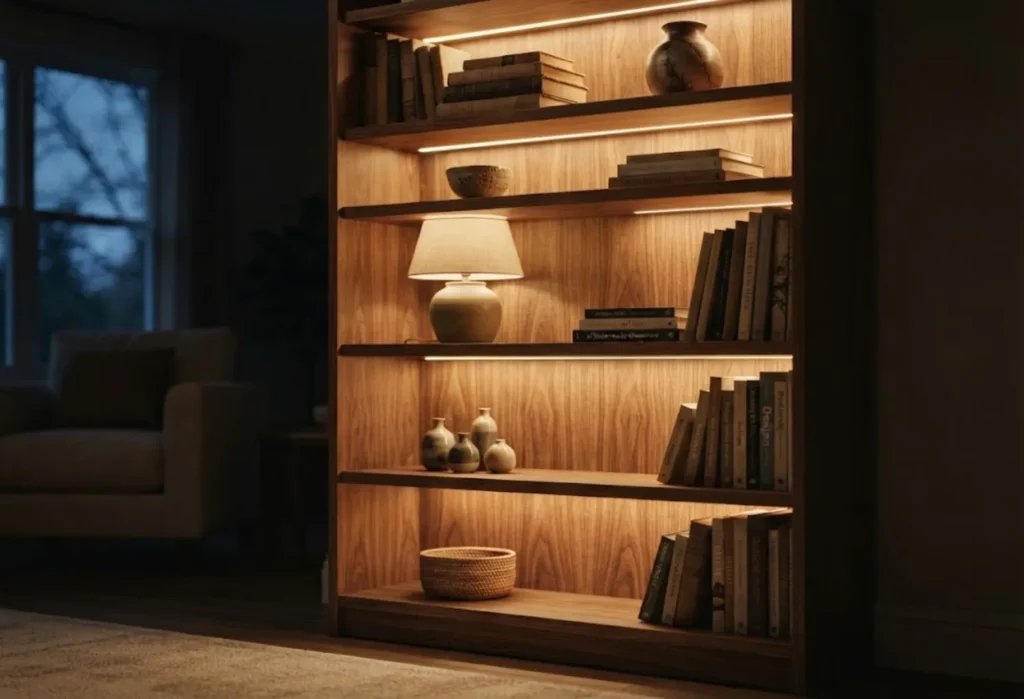 Warm Strip Lighting Under Each Shelf
