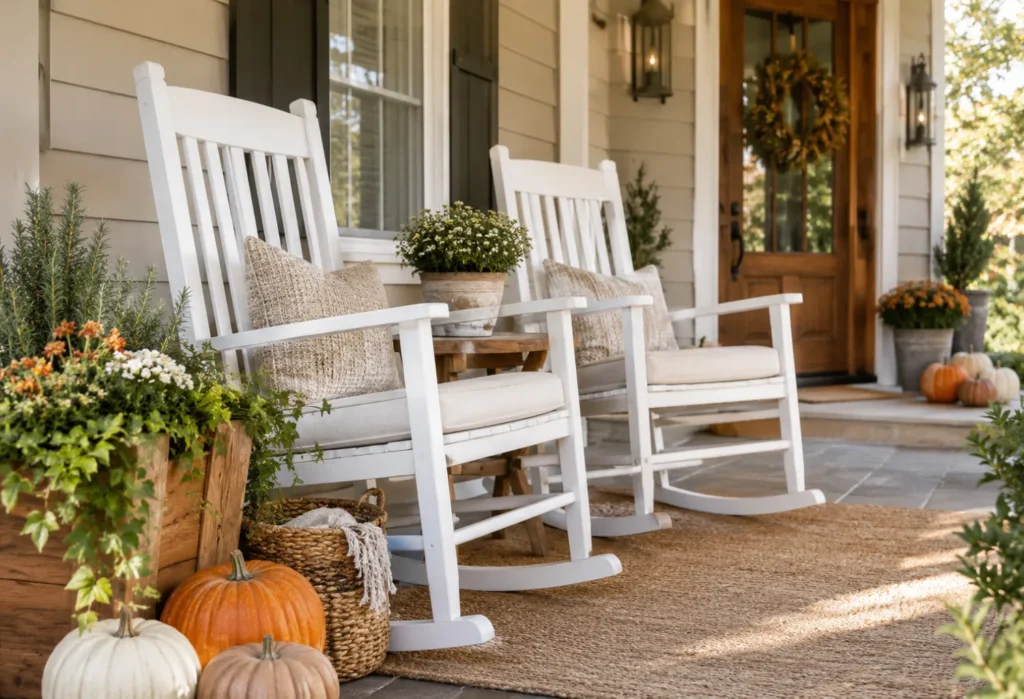 White Rocking Chairs With Warm Wood Accents
