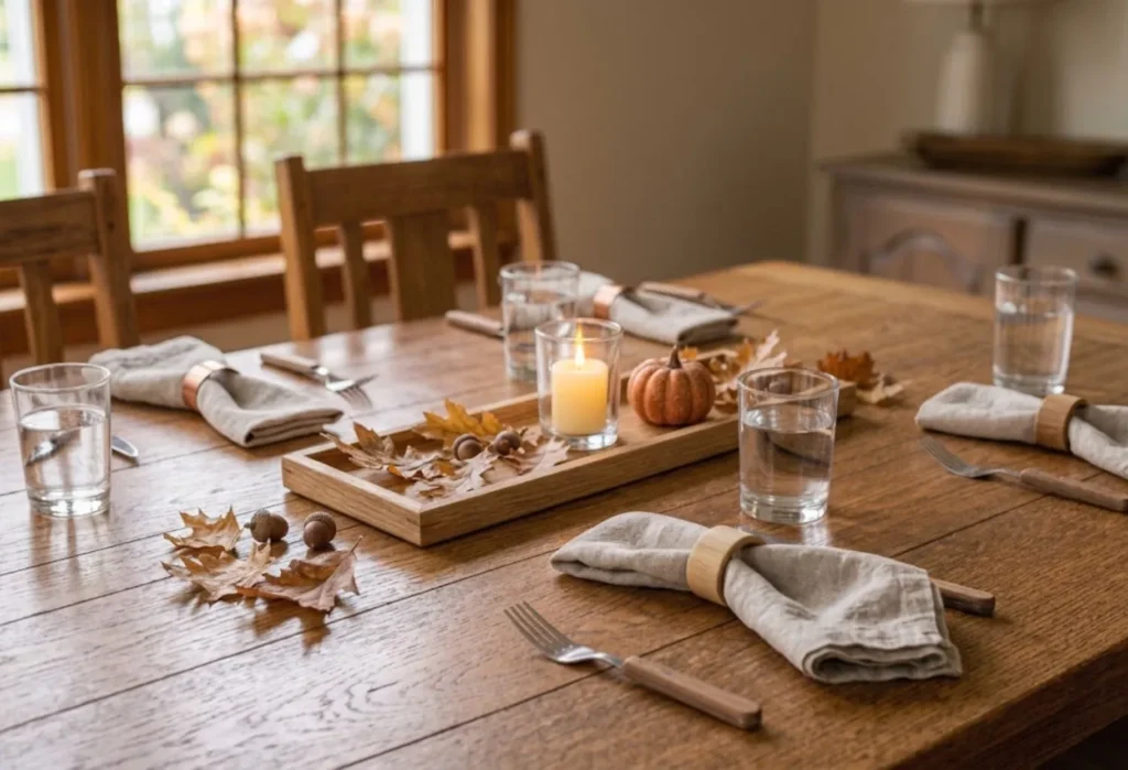 Wood Tray with Candle and Leaves