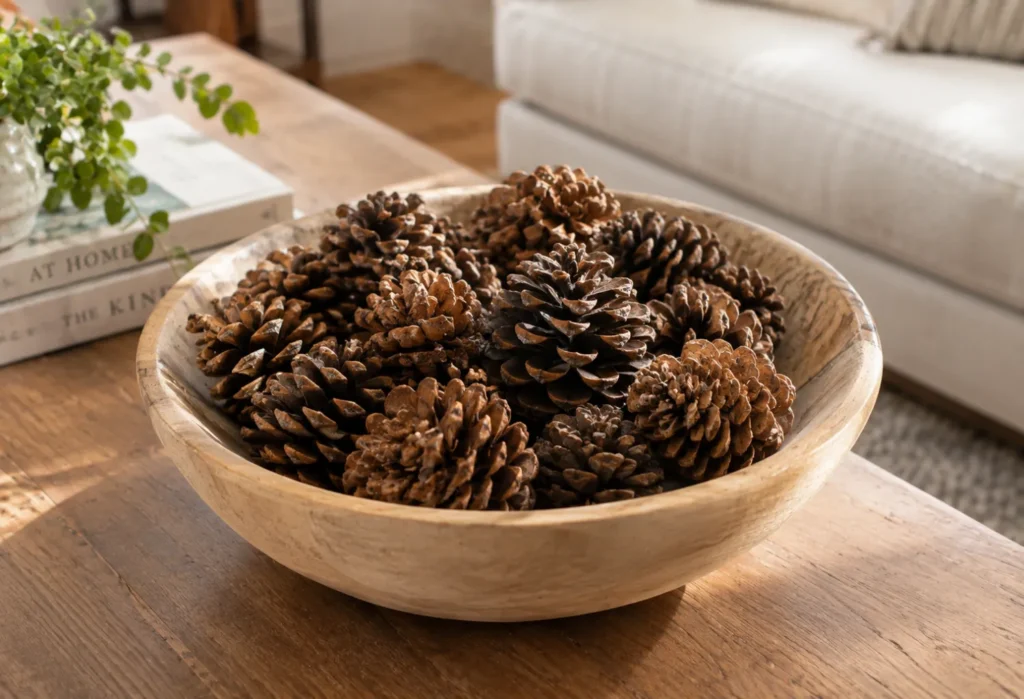 Wooden Bowl of Pinecones