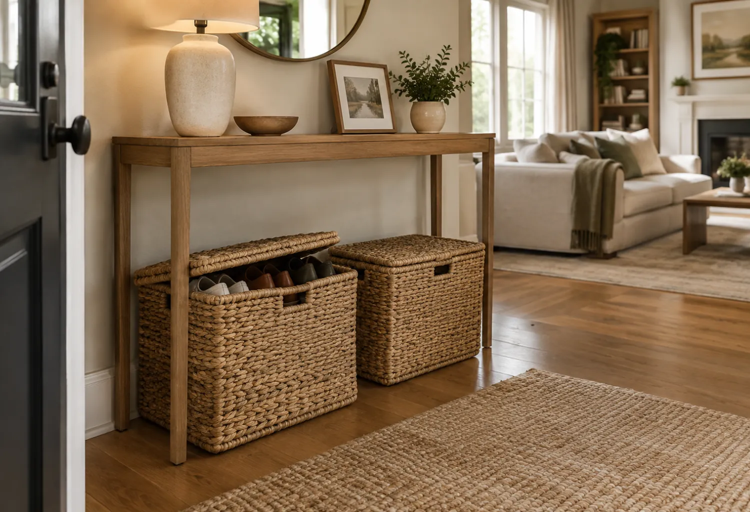 Woven Baskets Under a Console