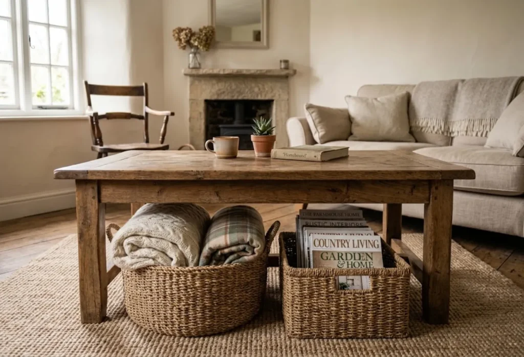 Woven Baskets Under the Coffee Table