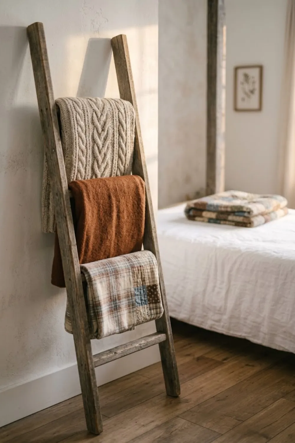 Rustic Ladder Blanket Stand