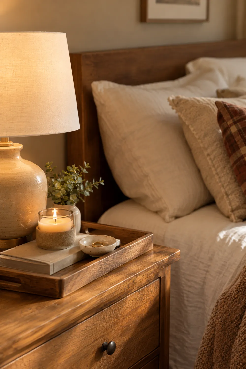 Wood Tray Nightstand Styling